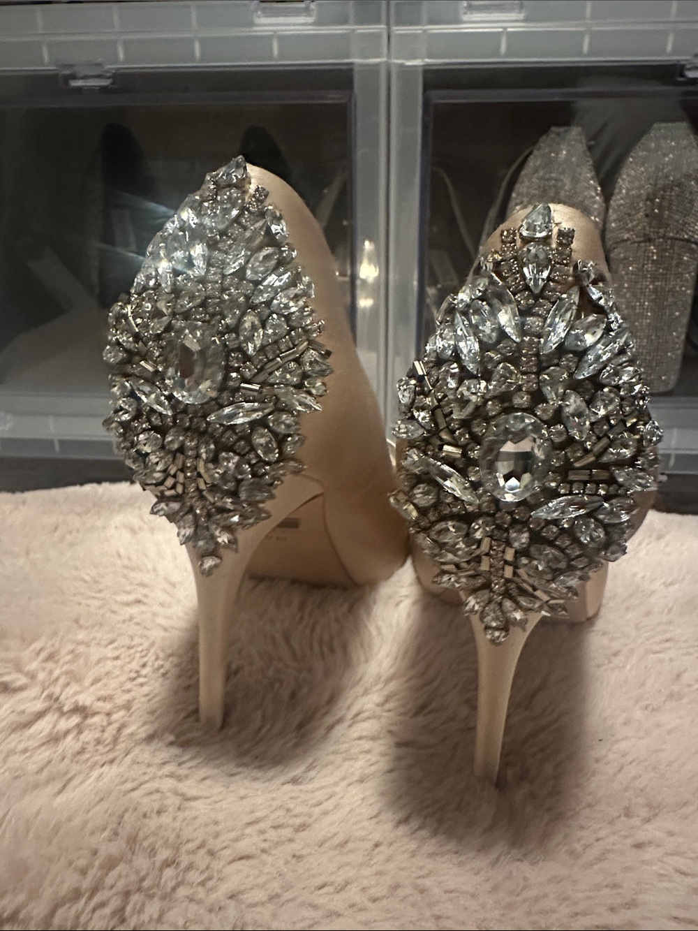 Badgley Mischka Champagne Satin Crystal-Embellished Stiletto Heels